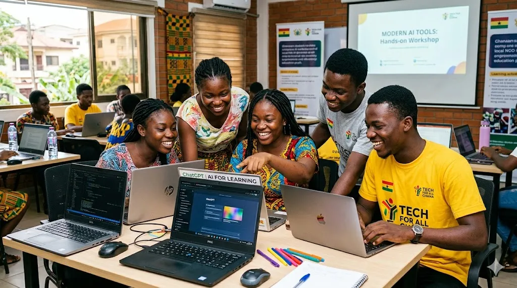 Ghanaian students exploring modern AI tools together