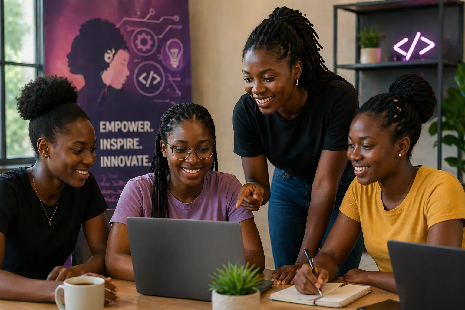 Young African women collaborating in the Girls in Tech Initiative