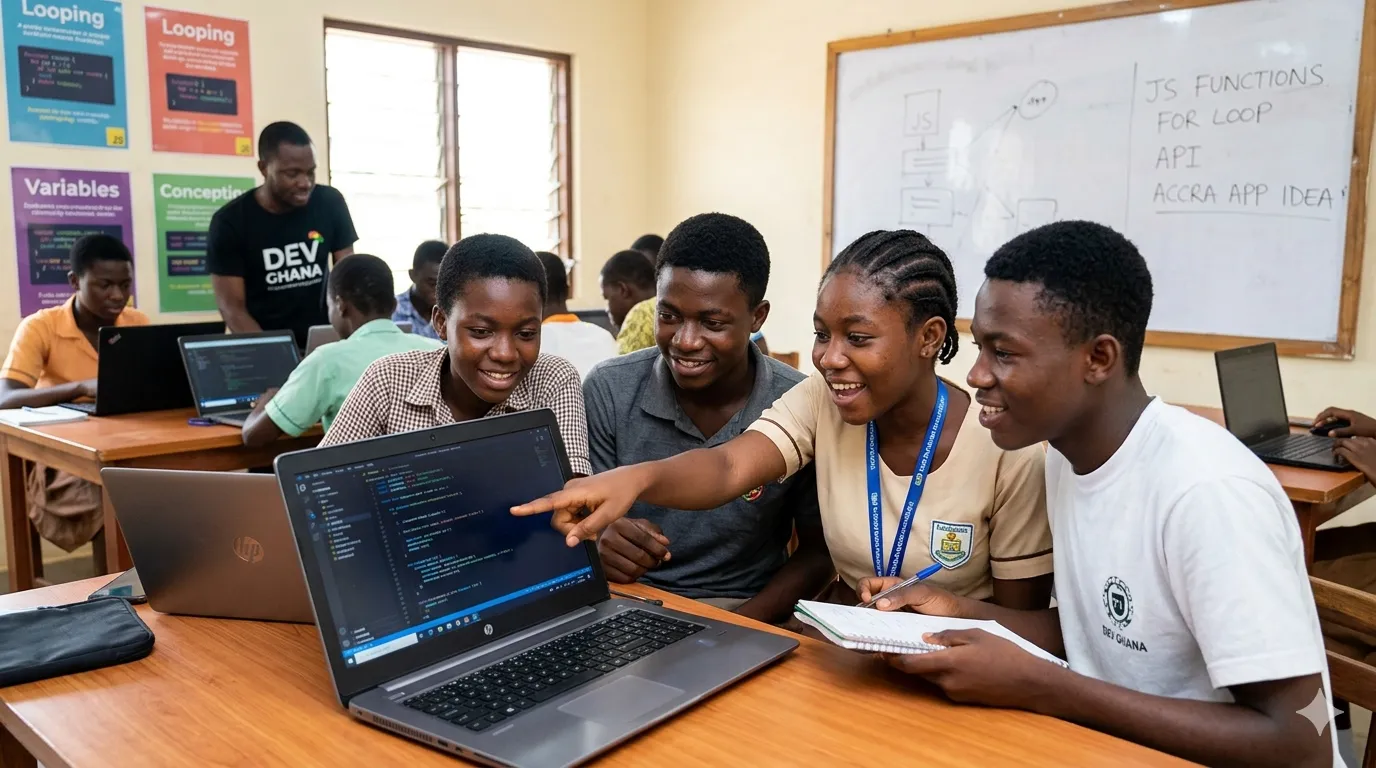 SHS students learning JavaScript in a Ghana classroom